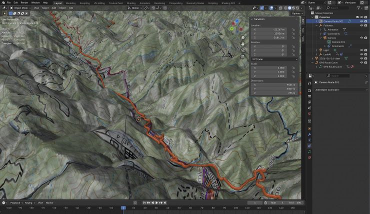 Screenshot of the 3D map in Blender