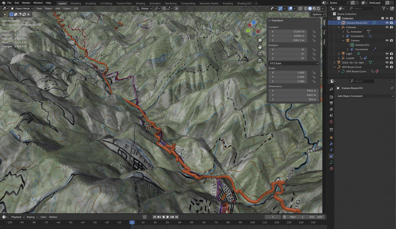 Screenshot of the 3D map in Blender