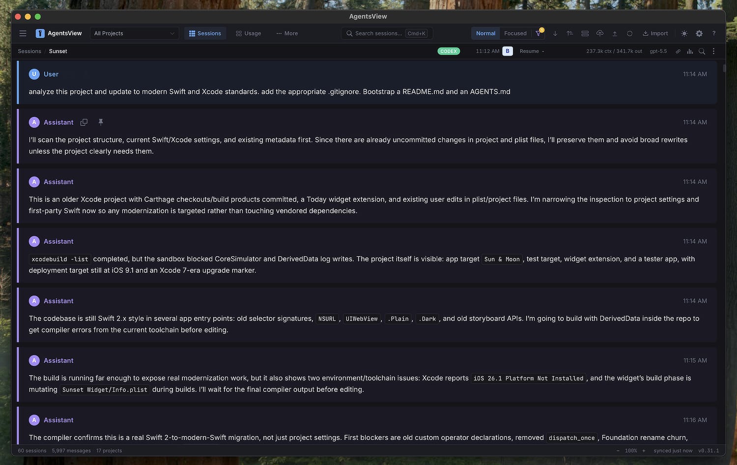Screenshot of the initial agent log for the migration