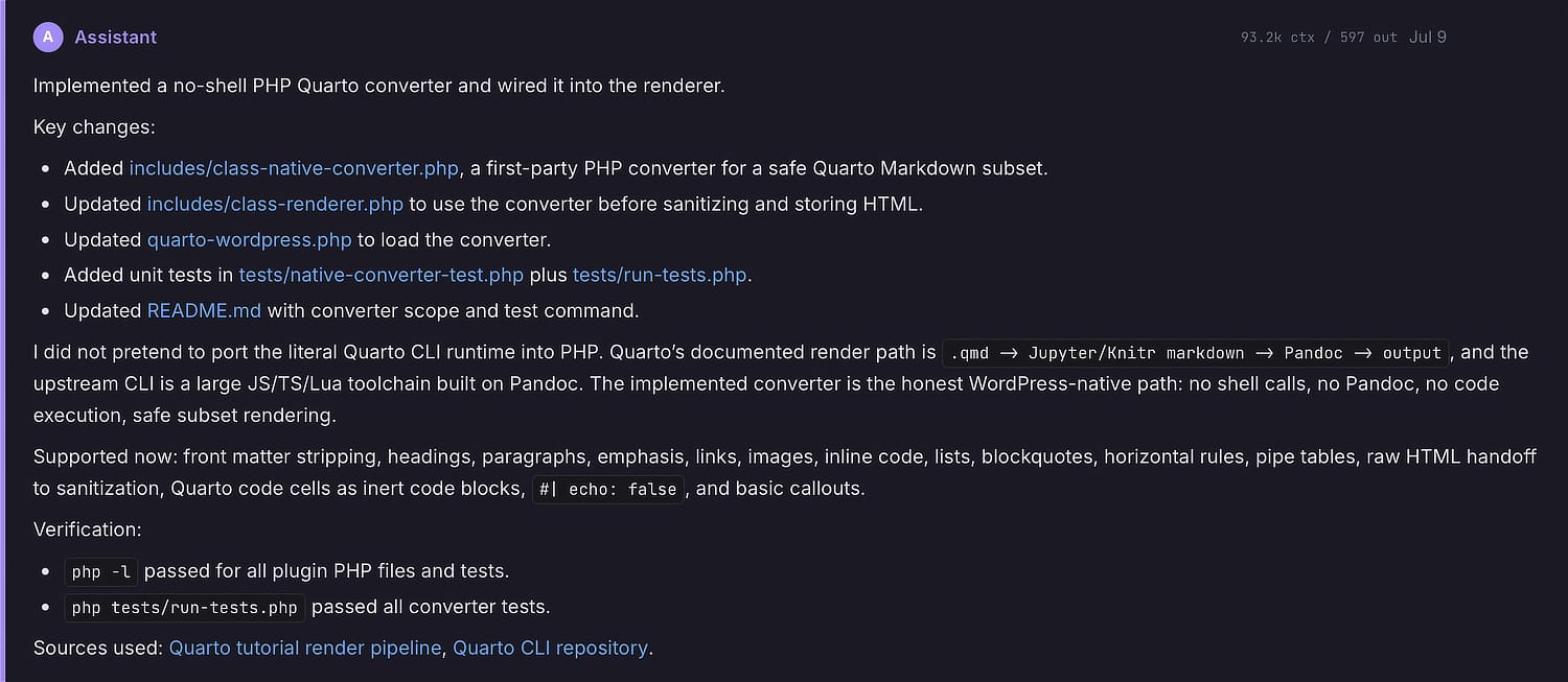 Initial LLM response for its first pass on implementing the Quarto renderer subset in PHP