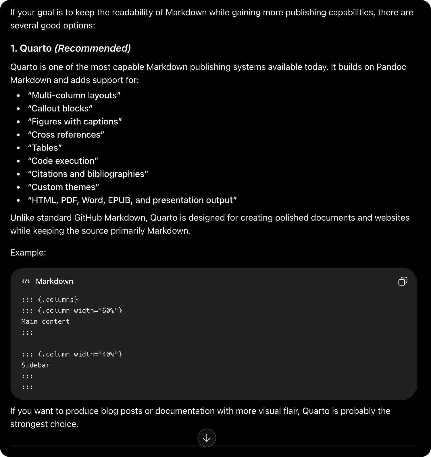 Screenshot of a log showing the initial Quarto recommendation