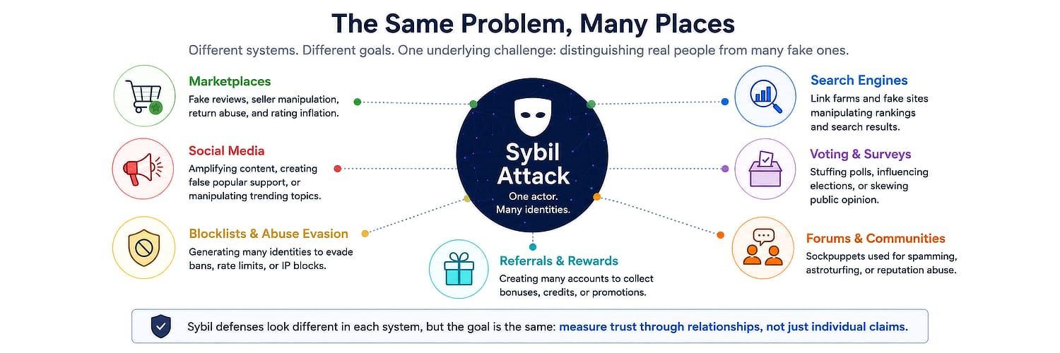 Examples of Sybil attacks affecting marketplaces, social media, blocklists, referrals, search engines, voting, and forums