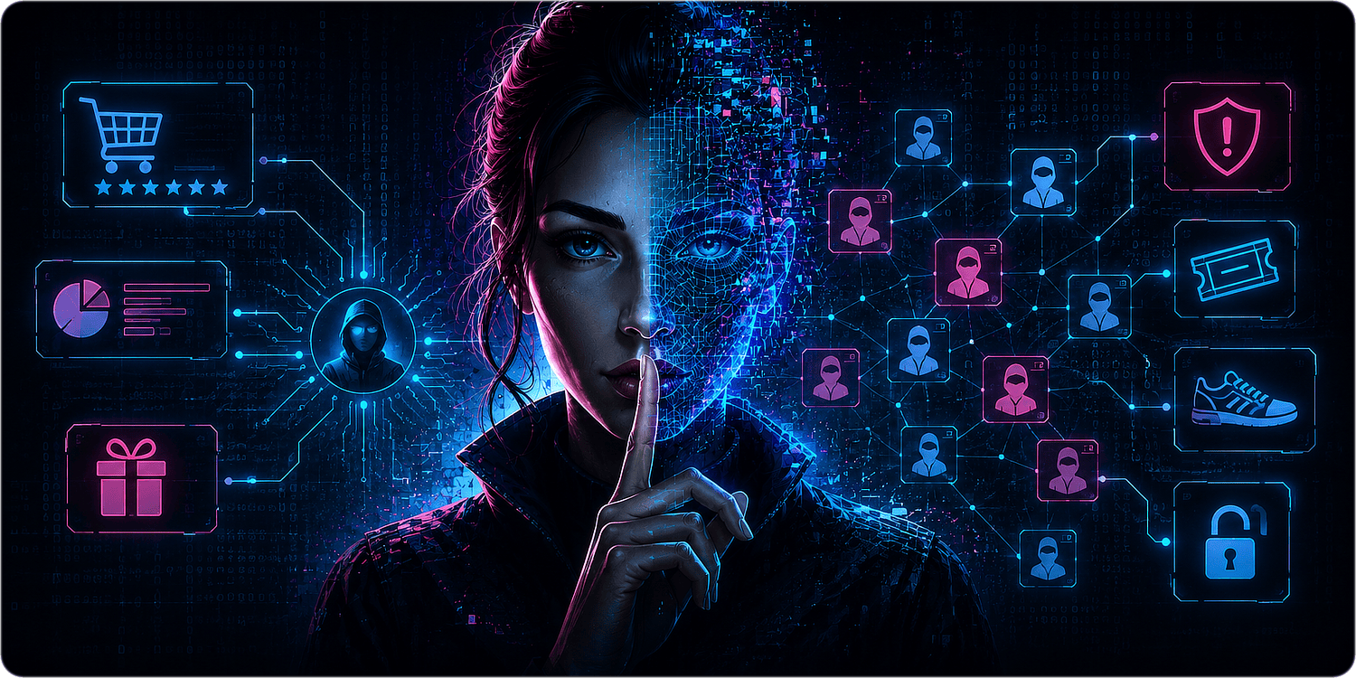 A single operator controlling many online identities used for reviews, purchases, referrals, and abuse