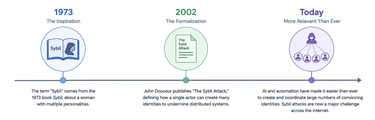 Timeline showing the 1973 book Sybil, the 2002 paper The Sybil Attack, and the current challenge of coordinated online identities