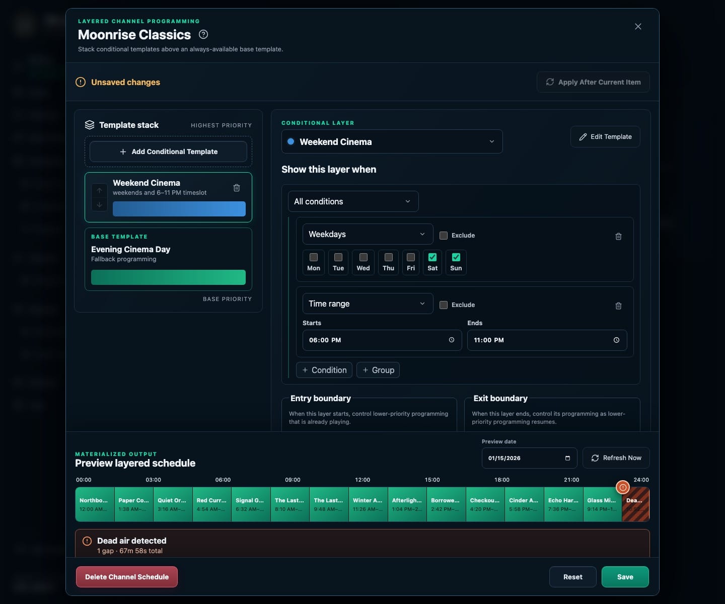 The Moonrise Classics schedule editor with a Weekend Cinema layer above its base Template, Saturday and Sunday selected, a 6–11 p.m. time range, and a dead-air warning below the preview.