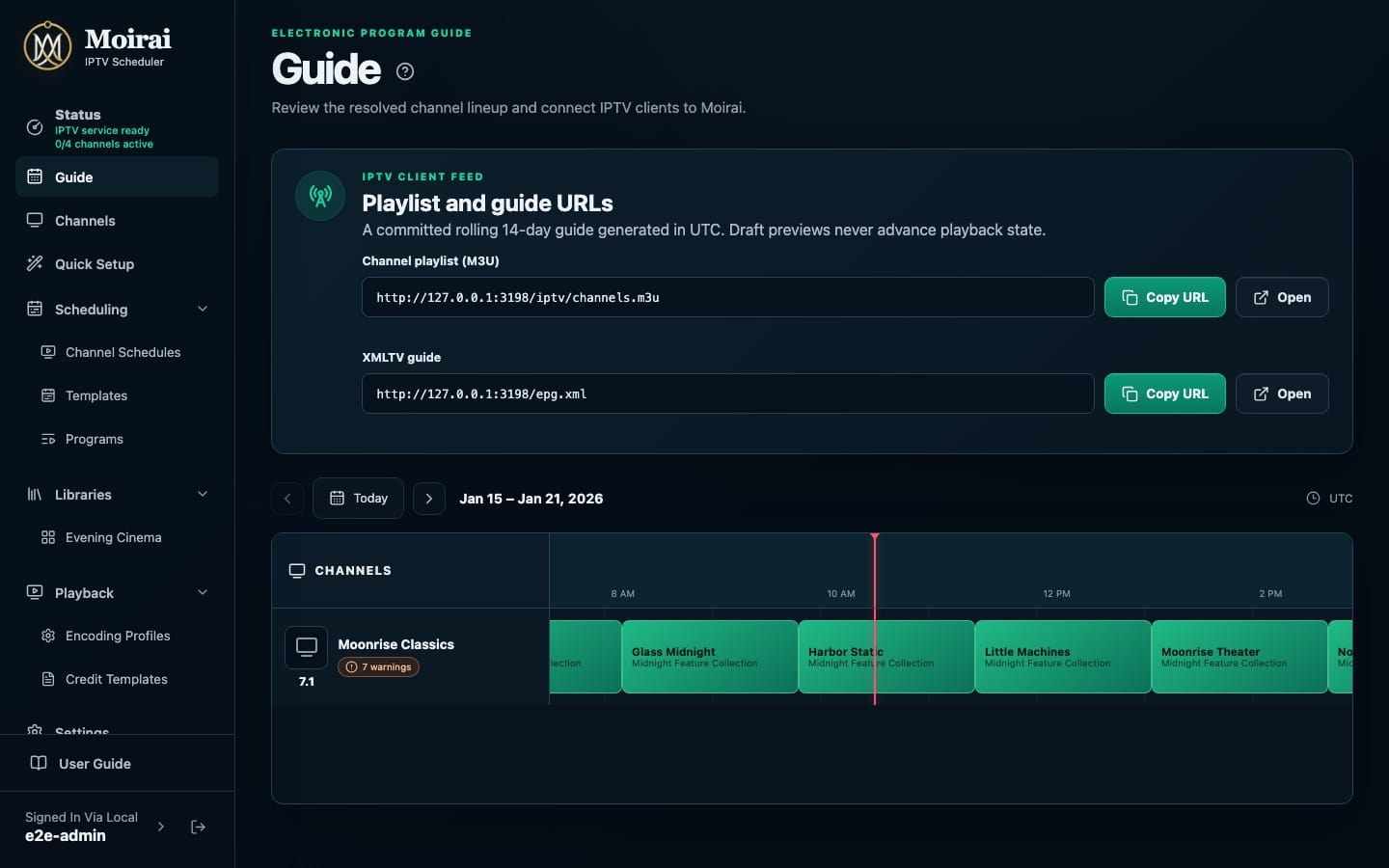 Moirai's Guide page showing the Moonrise Classics channel, scheduled movies, playlist and guide address fields, and a channel warning badge.