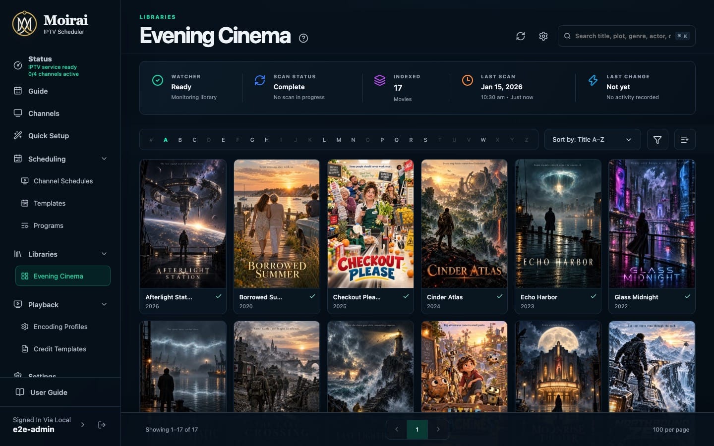 The Evening Cinema library showing a grid of fictional movie posters, 17 indexed movies, and a completed scan.