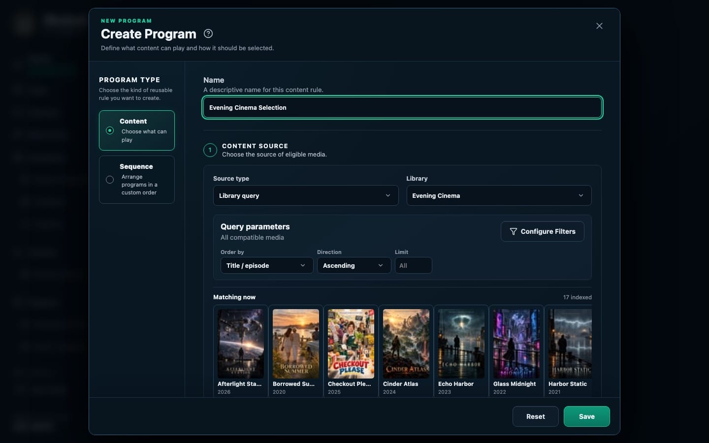 The Create Program editor with Content selected, a library query for Evening Cinema, filter and ordering controls, and matching movies.