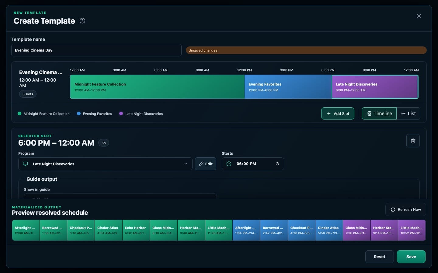 A daily Template with three colored programming slots above a preview of individual movies and their actual start times.