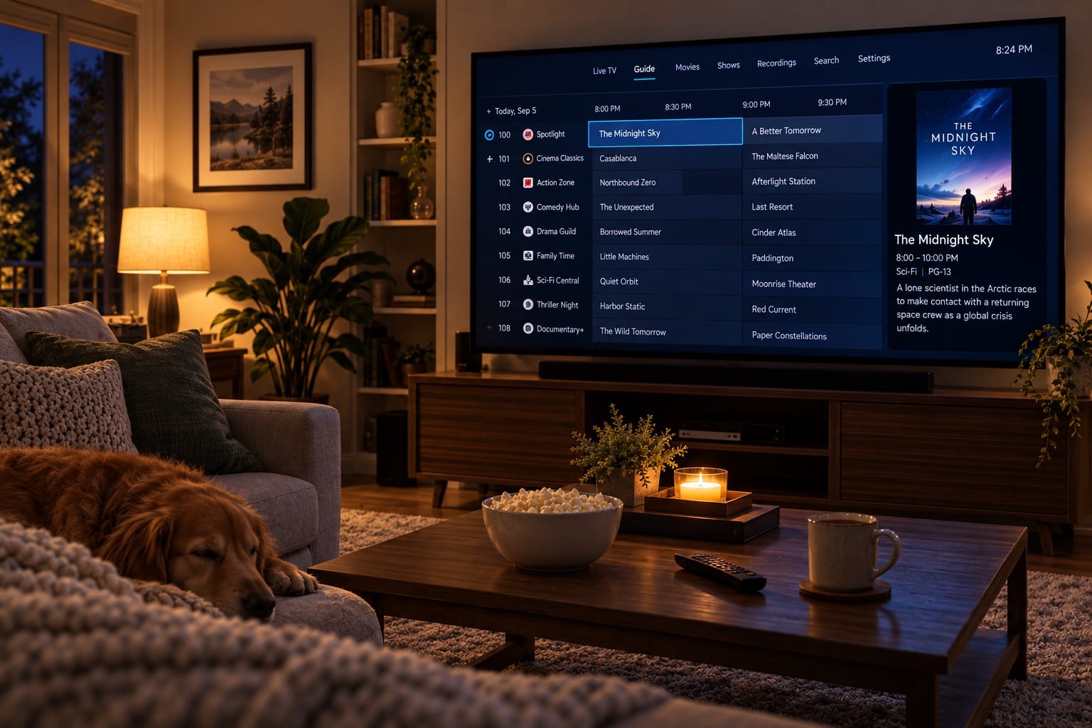 Scene of a cozy living room in the evening selecting a movie to watch.