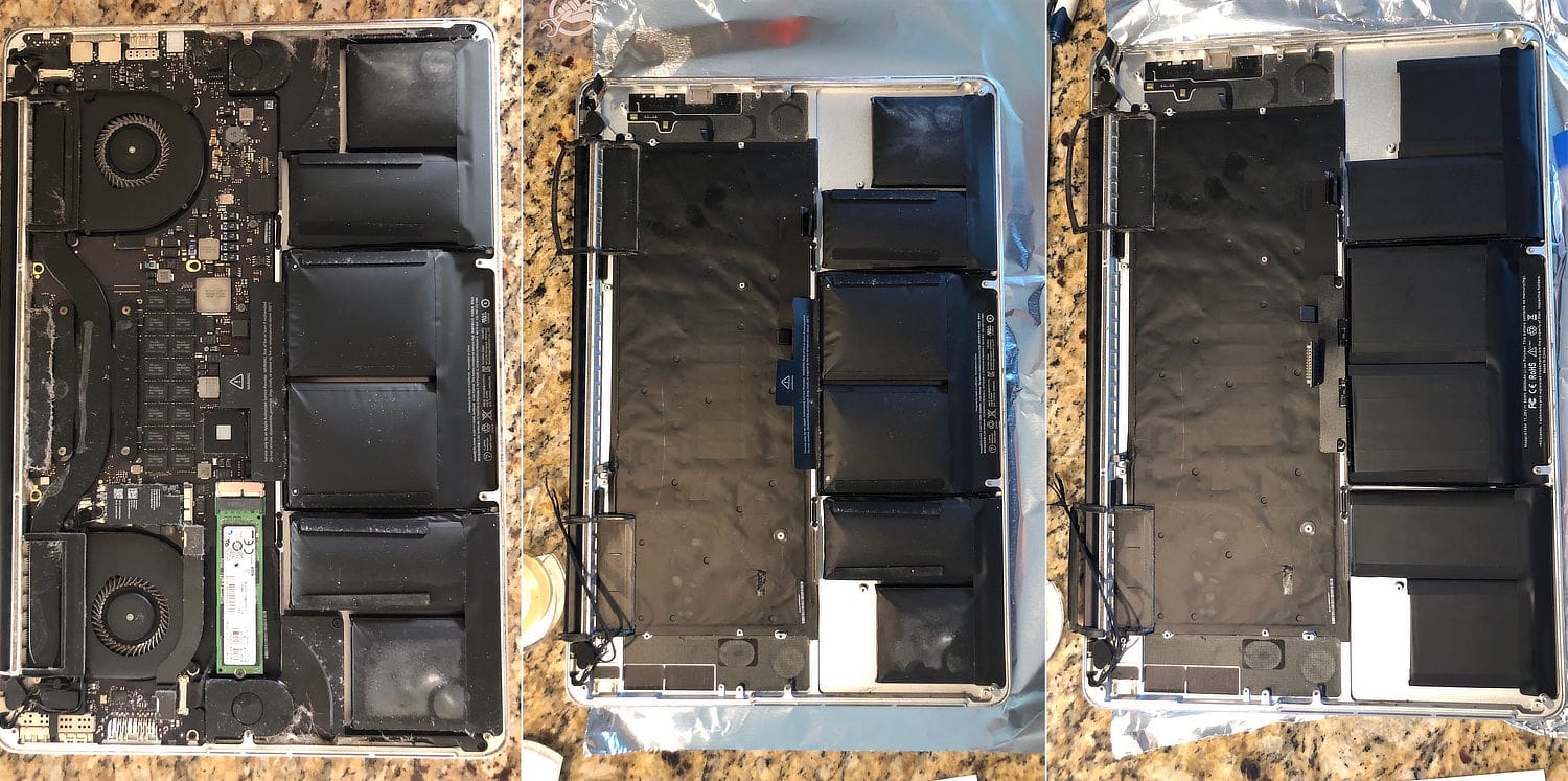 Three stages of replacing a swollen MacBook battery: opened laptop, battery removed, and new battery installed