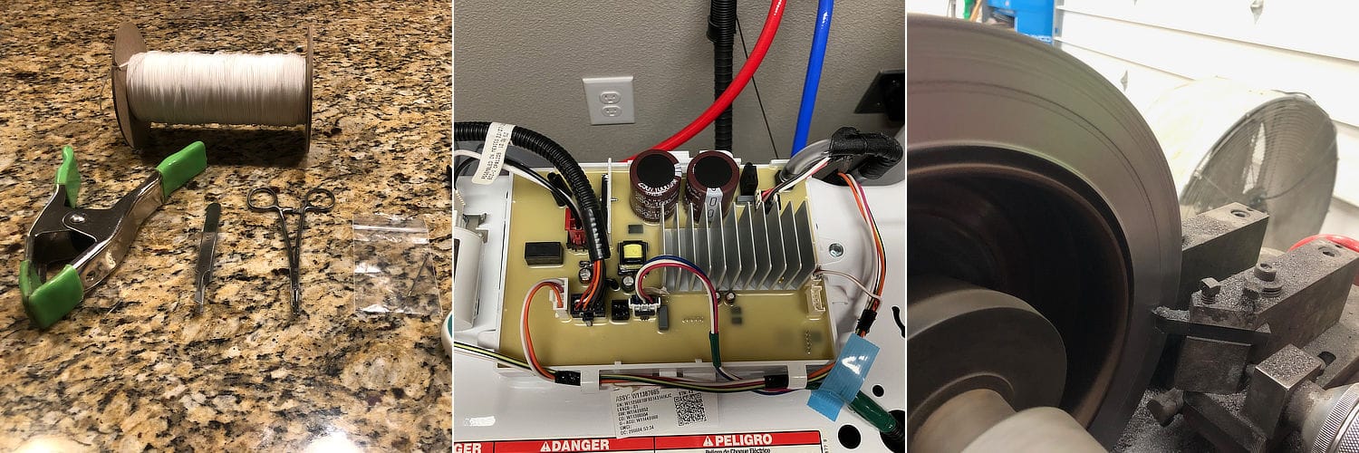 Blind restringing supplies, a washing-machine control board, and a brake rotor being resurfaced